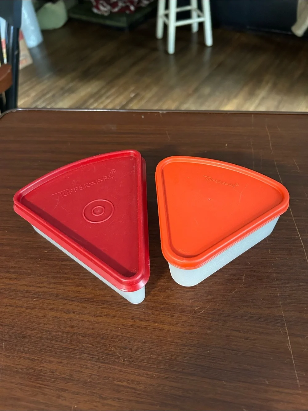 Vintage Tupperware Triangular Snack Containers with Red and Orange Lids,